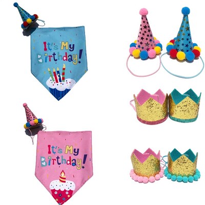 Cat Doy Dress Up For Birthday Party Шапка Лигавник Пайети Шапки Куче Котка Домашни любимци Сладък рожден ден Bib Шапки за котки Подпори за фотография