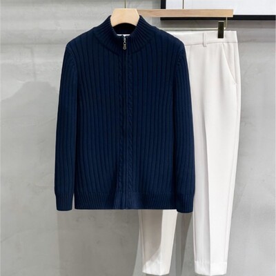 2023, tendință de toamnă și iarnă, cu fermoar, guler cu fermoar, culoare solidă, subțire, ocazional, pulover tricotat pentru bărbați, cardigan