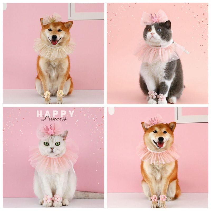 Mājas kaķa dzimšanas dienas ballītes cepures komplekts suņu cepures bantīte mežģīnes kaķa priekšgals, jauks mazs, vidējs suņu kostīms, cepure Mājdzīvnieku izstrādājumi kucēnu aksesuāri