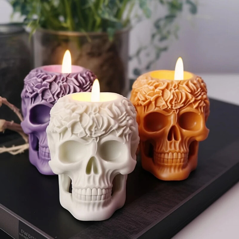 Zackoo Halloween 3D Flower Skull Silikona sveču veidnes rožu aromātam DIY sveču izgatavošanai mājas dekorēšanai roku ziepju pagatavošanas rīks