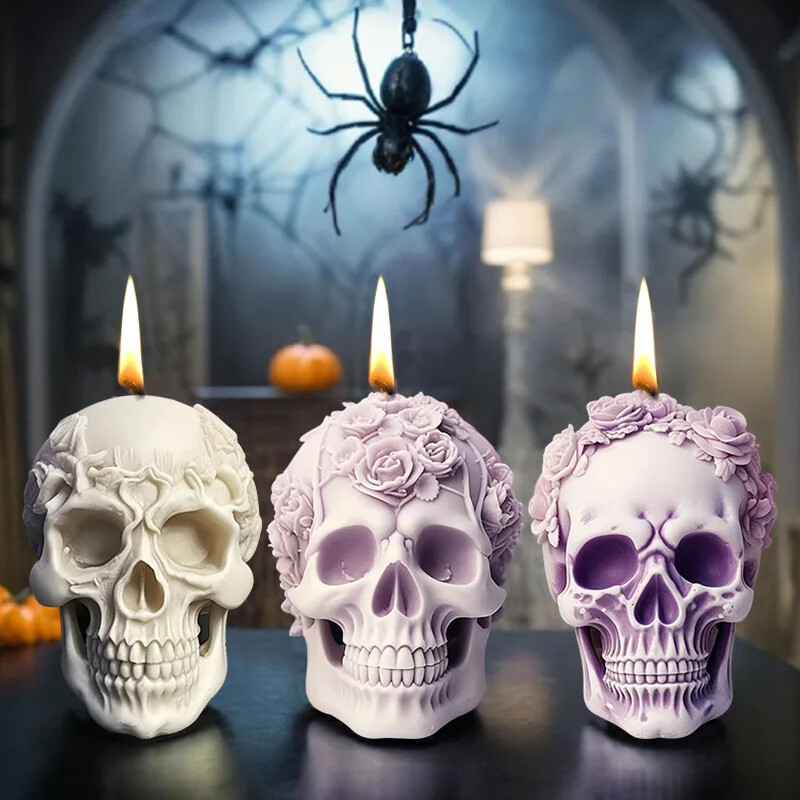 Zackoo Halloween 3D Flower Skull Silikona sveču veidnes rožu aromātam DIY sveču izgatavošanai mājas dekorēšanai roku ziepju pagatavošanas rīks