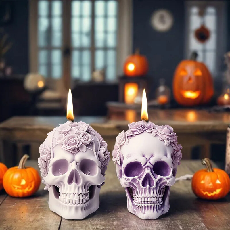 Zackoo Halloween 3D Flower Skull Silikona sveču veidnes rožu aromātam DIY sveču izgatavošanai mājas dekorēšanai roku ziepju pagatavošanas rīks
