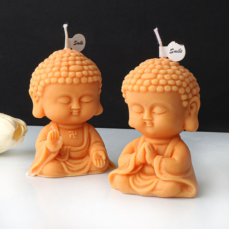 Drăguț de desene animate Buddha Lumânare Mucegai din silicon 3D Se roagă Statuia lui Buddha Tencuială Lumânare Rașină Matriță Decor religios Artizanat Cadouri