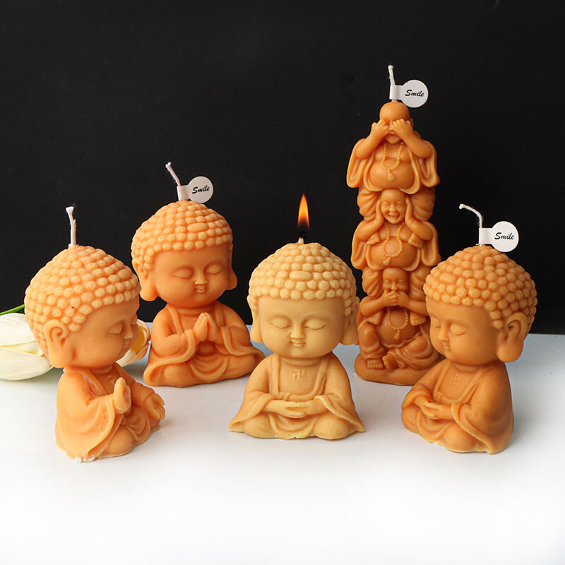 Drăguț de desene animate Buddha Lumânare Mucegai din silicon 3D Se roagă Statuia lui Buddha Tencuială Lumânare Rașină Matriță Decor religios Artizanat Cadouri