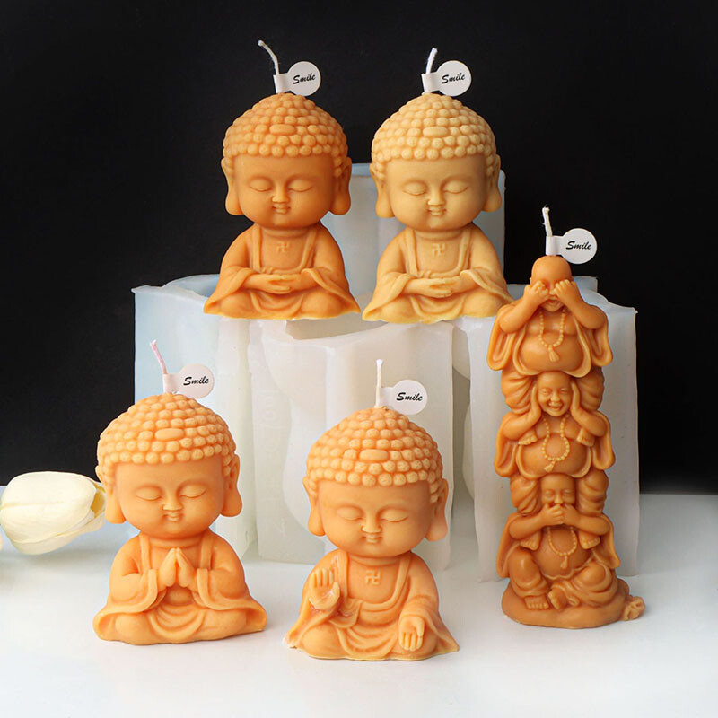 Drăguț de desene animate Buddha Lumânare Mucegai din silicon 3D Se roagă Statuia lui Buddha Tencuială Lumânare Rașină Matriță Decor religios Artizanat Cadouri