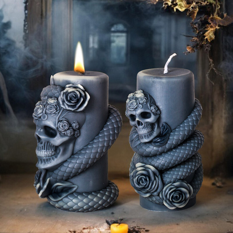 Craniu Floare coloană de șarpe Lumânare Mucegai din silicon Artizanat Geometric Cilindrică Lumânare pentru aromoterapie Mucegai din gips Decor de Halloween