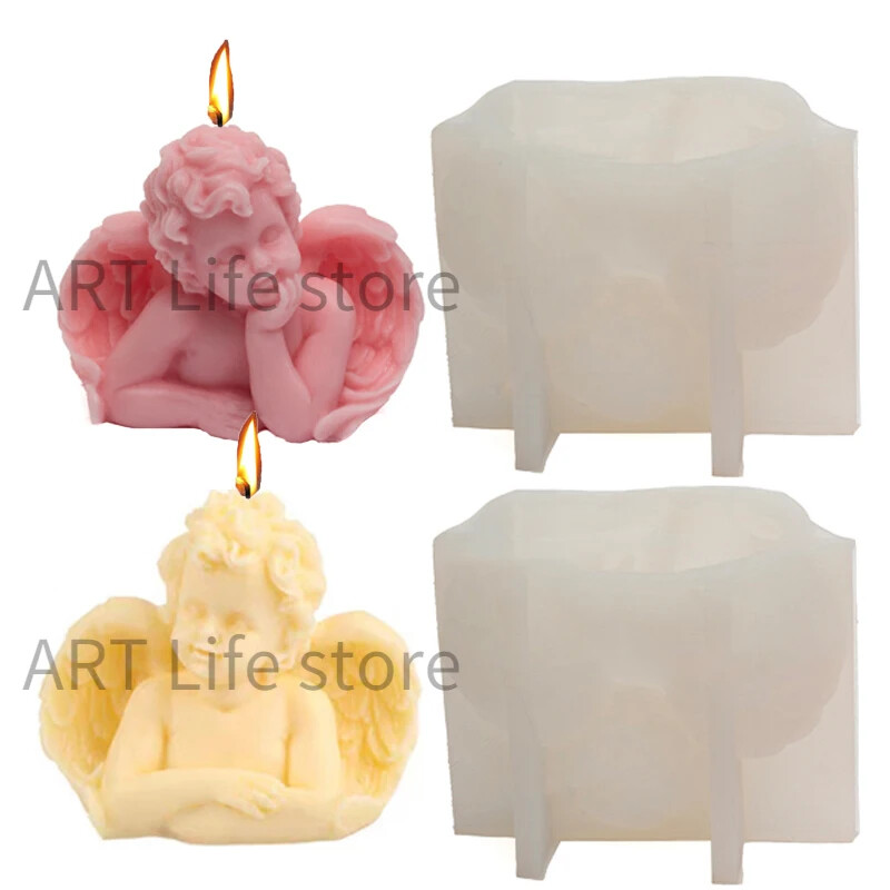 Mucegai de lumânare din silicon înger de dimensiuni mari, aripi drăguțe, sculptură pentru bebeluși, ipsos, rășină, săpun lucrat manual, kit de lumânări pentru decorare pentru birou