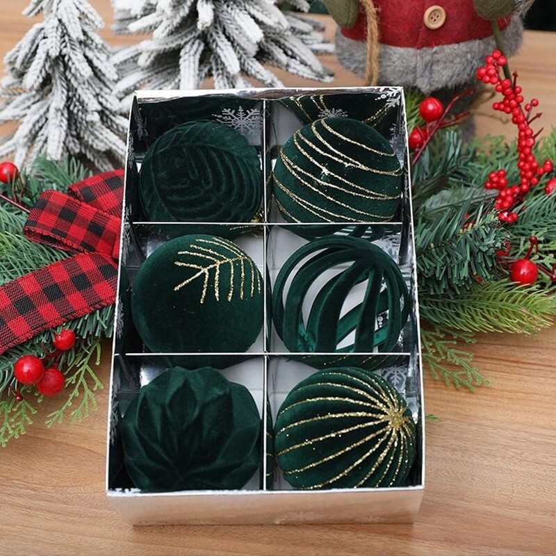 6 kom 8 cm Flocking Božićne kuglice Set Crtani Bijelo Crveno Zeleni Božićni privjesak Plastična kuglica Festival