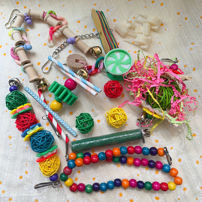 15 gabalu papagaiļu putnu būrīšu rotaļlietas Koka putnu šūpoles Uzticamas košļājamās koduma tilts koka krelles formas papagaiļa rotaļlietas putnu rotaļlietas