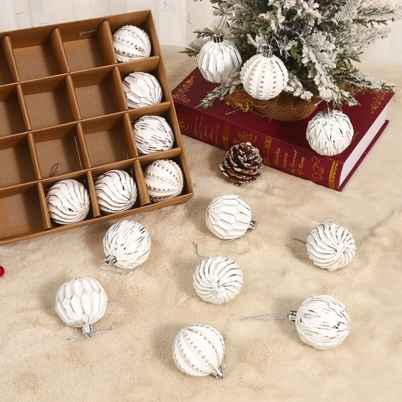 16kom 6cm Set oslikanih božićnih kuglica Bijele crtane galvanizirane božićne viseće kuglice Elegantni DIY ukras za sretno božićno drvce