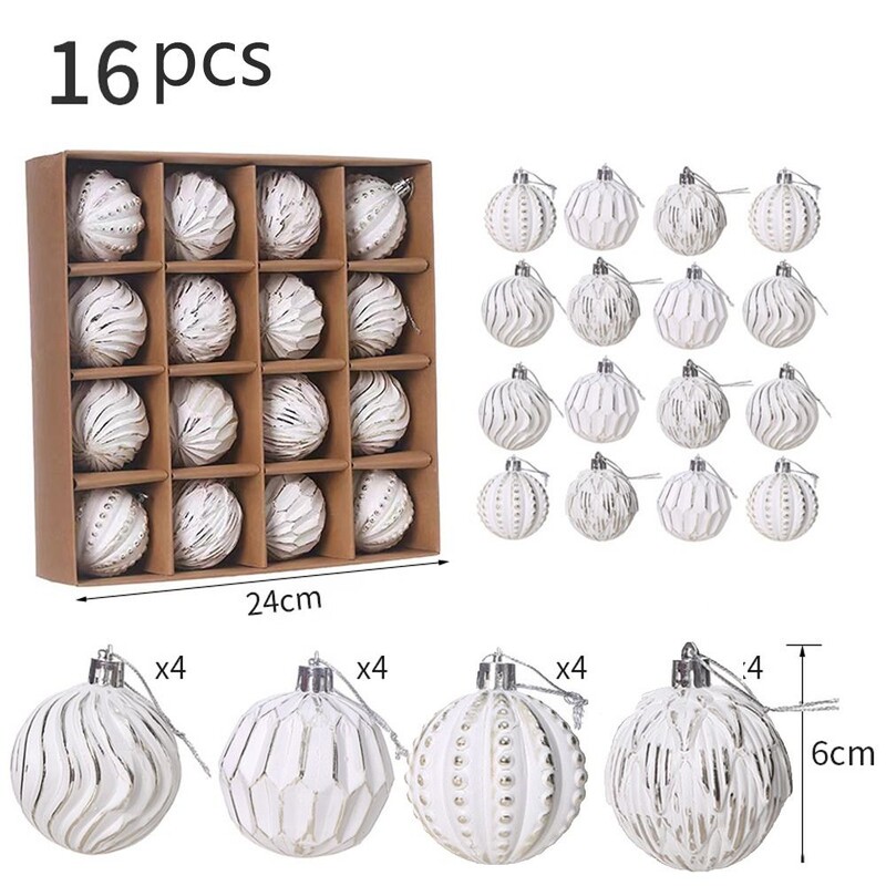 16kom 6cm Set oslikanih božićnih kuglica Bijele crtane galvanizirane božićne viseće kuglice Elegantni DIY ukras za sretno božićno drvce
