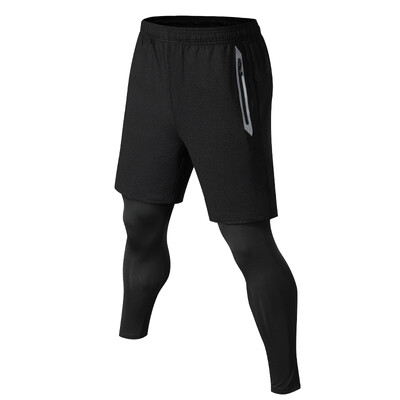 Vīriešu sporta bikses 2 in 1 Kompresijas treniņu legingi, elpojoši skrējēji, rāvējslēdzēja kabatas, skriešanas divstāvu fitnesa vingrošanas bikses