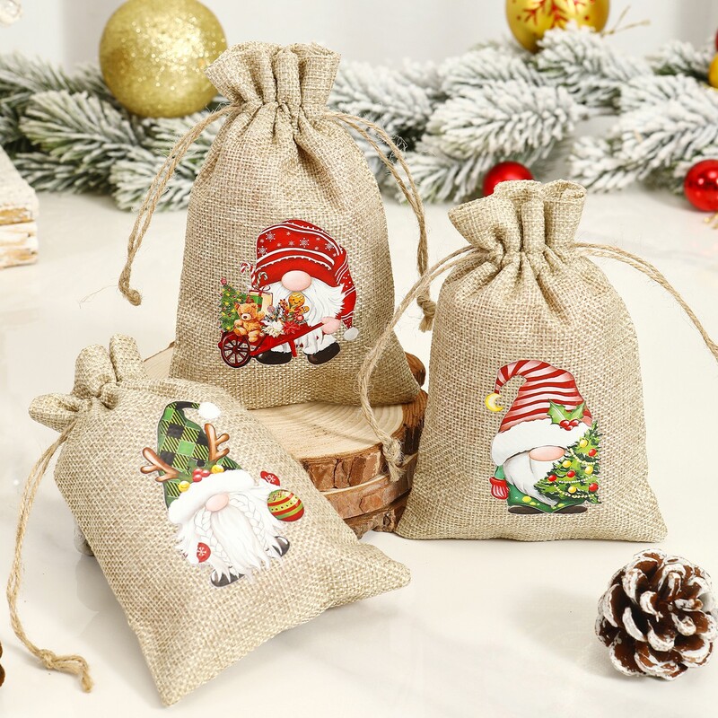 6gab Lina kokvilnas dāvanas konfekšu maisiņš Priecīgus Ziemassvētku dekors mājām 2024 Ziemassvētki Ziemassvētki Navidad Natal Jaunais gads 2025 Iepakošanas dāvanu maisiņš