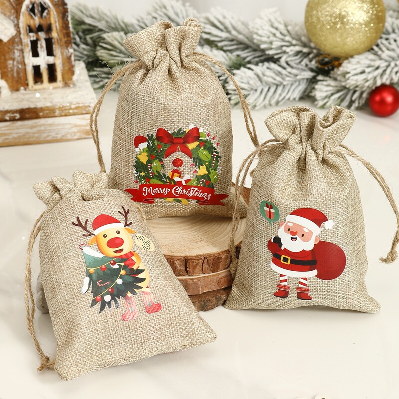 6gab Lina kokvilnas dāvanas konfekšu maisiņš Priecīgus Ziemassvētku dekors mājām 2024 Ziemassvētki Ziemassvētki Navidad Natal Jaunais gads 2025 Iepakošanas dāvanu maisiņš