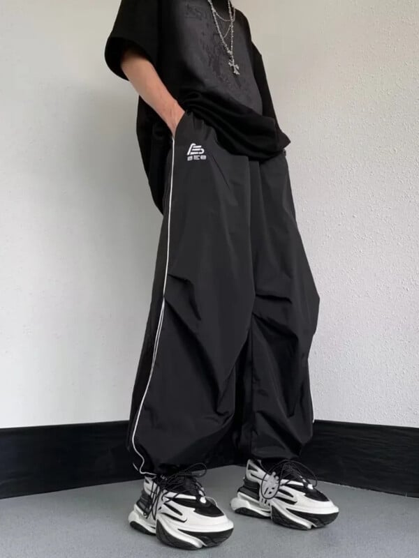 HOUZHOU Vīriešu sporta bikses Vīriešu Baggy Izpletņa Bikses Y2K Oversize Joggers Streetwear Treniņtērps Melns Platas Bikses Vīriešu
