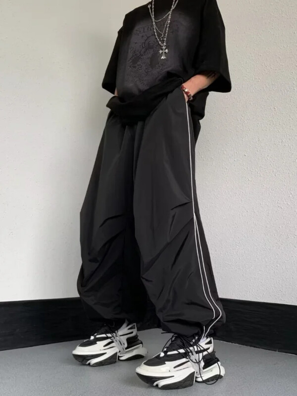 HOUZHOU Vīriešu sporta bikses Vīriešu Baggy Izpletņa Bikses Y2K Oversize Joggers Streetwear Treniņtērps Melns Platas Bikses Vīriešu