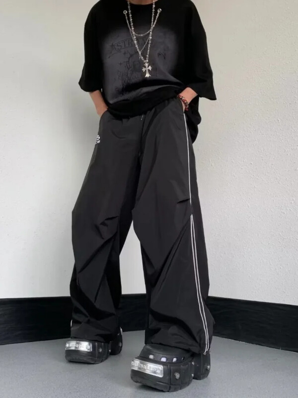 HOUZHOU Vīriešu sporta bikses Vīriešu Baggy Izpletņa Bikses Y2K Oversize Joggers Streetwear Treniņtērps Melns Platas Bikses Vīriešu