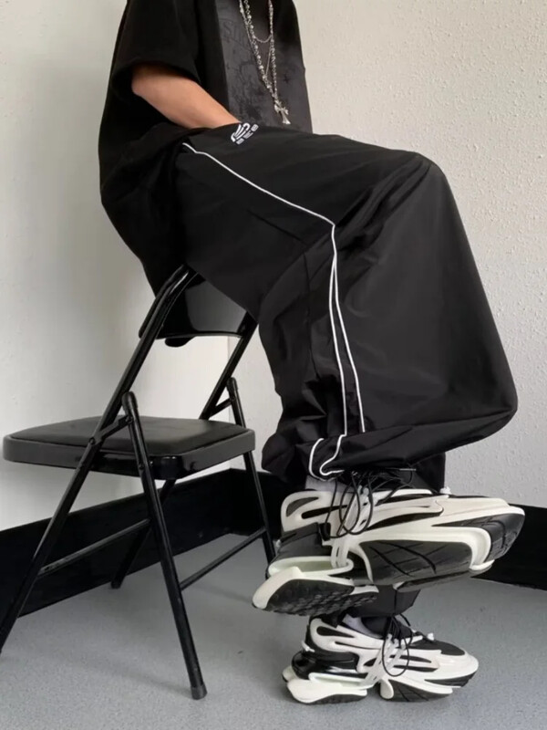 HOUZHOU Vīriešu sporta bikses Vīriešu Baggy Izpletņa Bikses Y2K Oversize Joggers Streetwear Treniņtērps Melns Platas Bikses Vīriešu