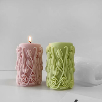 Large Flower Cylinder Candle Mould Silicone DIY Tulip Flower Relief Cylinder Crafts Ρητίνη Γύψος Πηλός Καλούπι Σπίτι Διακοσμητική Τέχνη