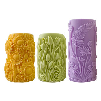 Large Flower Cylinder Candle Mould Silicone DIY Tulip Flower Relief Cylinder Crafts Ρητίνη Γύψος Πηλός Καλούπι Σπίτι Διακοσμητική Τέχνη