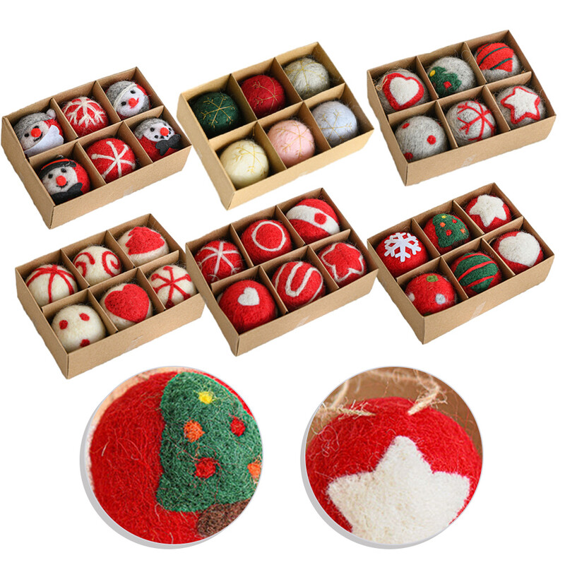 6 db gyapjú filc karácsonyi labdák, dobozos karácsonyfa medáldíszek 2024-es ünnepi partira, újévi ajándékok Noel Navidad 2025
