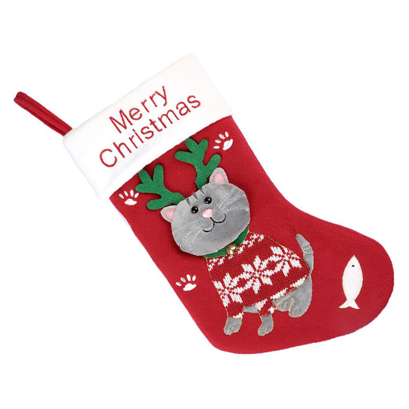 Jaukas Ziemassvētku klasiskās piekaramās zeķes bērniem konfekšu dāvanu iesaiņojuma maisiņš Suņu kaķu raksts Koka piekārts svētku rotājums