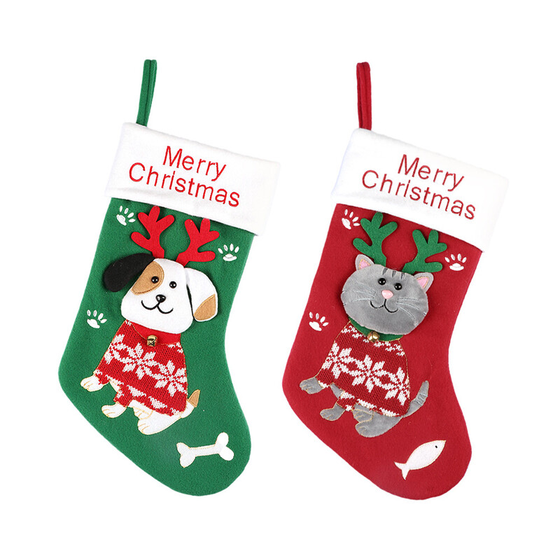 Jaukas Ziemassvētku klasiskās piekaramās zeķes bērniem konfekšu dāvanu iesaiņojuma maisiņš Suņu kaķu raksts Koka piekārts svētku rotājums