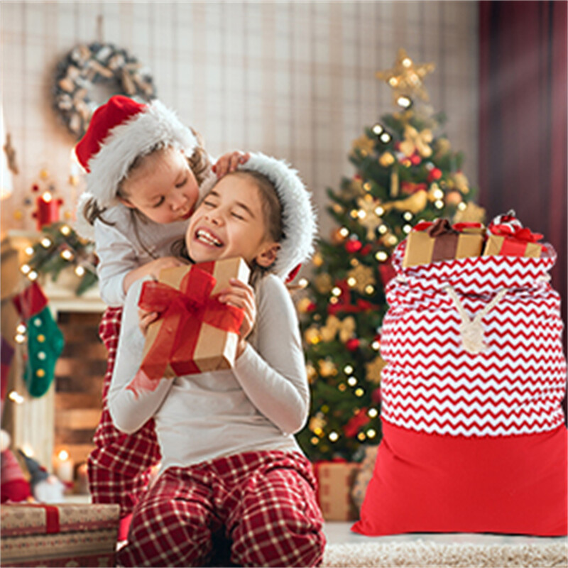 Liels Ziemassvētku Ziemassvētku vecīša maiss, punktveida svītru rūts ar savelkamu auklu, personalizēts Ziemassvētku lielizmēra audekla dāvanu maisiņš