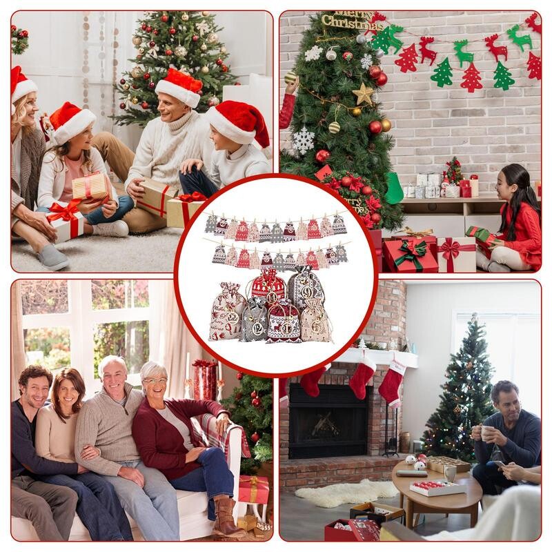 Calendar de Advent de Crăciun Genți de pânză de pânză reutilizabile Bomboane cu șnur prăjituri cadouri geantă acasă petrecere de Crăciun Genți de Calendar de Advent