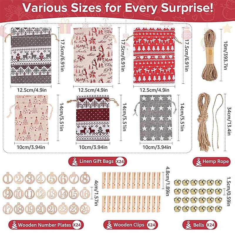 Calendar de Advent de Crăciun Genți de pânză de pânză reutilizabile Bomboane cu șnur prăjituri cadouri geantă acasă petrecere de Crăciun Genți de Calendar de Advent