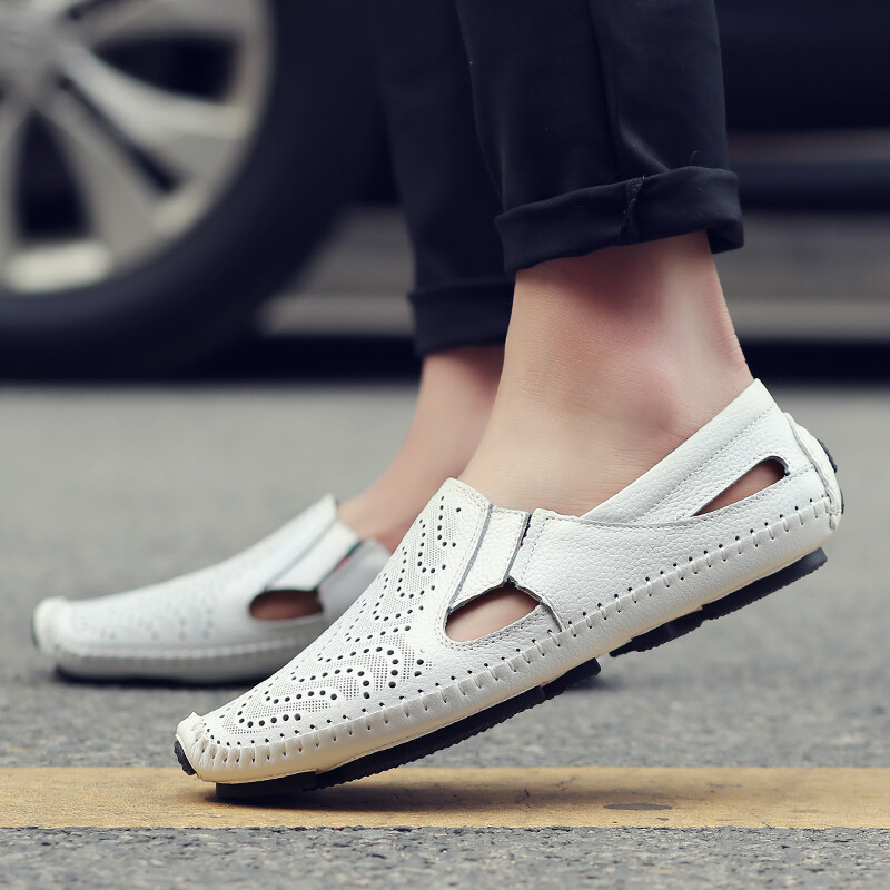 Meeste õõnsad nahast kingad Suvised hingavad sandaalid Ehtsast nahast libisevad jalavarjud Lamedad pehme tallaga vabaajajalatsid