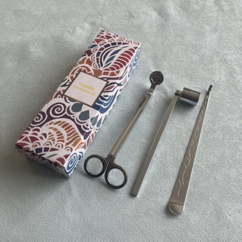 Kvapiųjų žvakių įrankių rinkinys trijų dalių, žvakės gesinimo kabliukas, žvakės gesinimo dangtelis, žirklės, gesinimo dangtelis