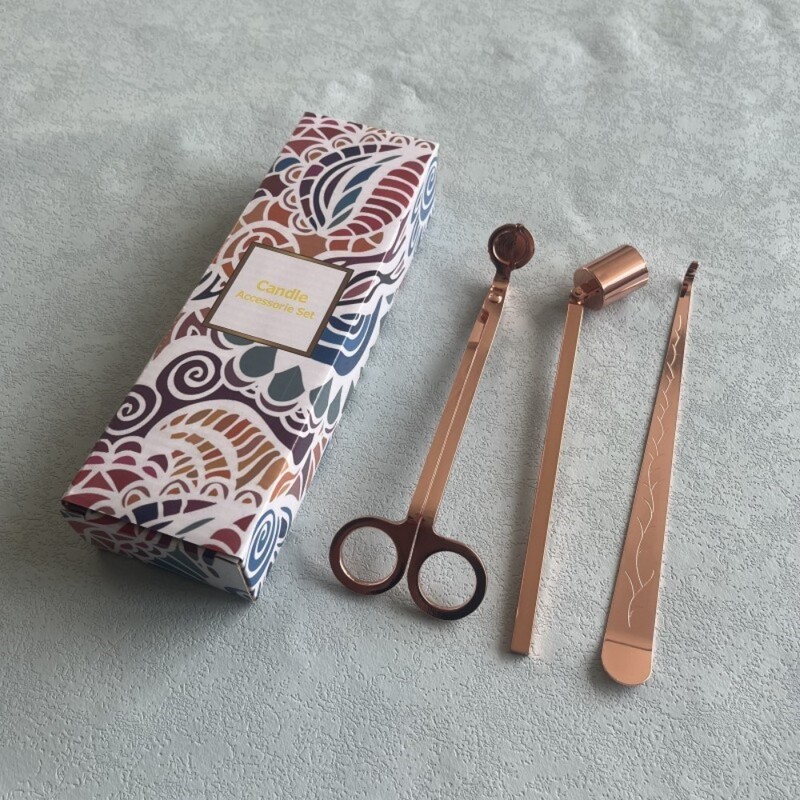 Kvapiųjų žvakių įrankių rinkinys trijų dalių, žvakės gesinimo kabliukas, žvakės gesinimo dangtelis, žirklės, gesinimo dangtelis