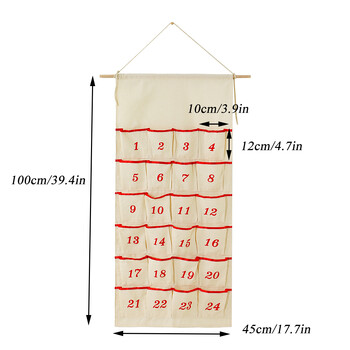 Χριστουγεννιάτικο ημερολόγιο με αντίστροφη μέτρηση 24 τσέπες με κορδέλα στολισμένο κορδόνι και ξύλινη ράβδο οθόνη τυπωμένο νούμερο ντεκόρ για πάρτι
