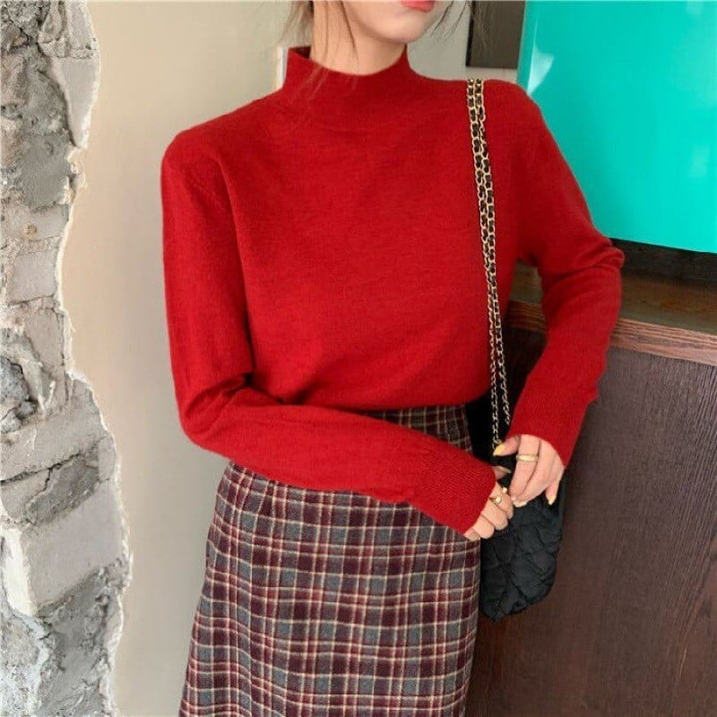 Cămașă cu guler înalt pentru femei, stil occidental de primăvară 2024, pulover cu mânecă lungă, culoare solidă, universală pentru studenți