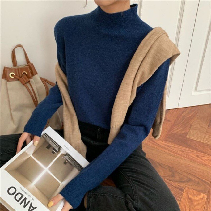 Cămașă cu guler înalt pentru femei, stil occidental de primăvară 2024, pulover cu mânecă lungă, culoare solidă, universală pentru studenți