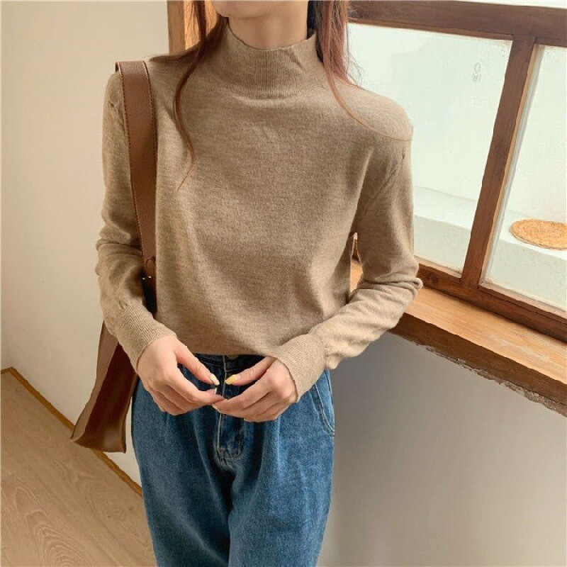 Cămașă cu guler înalt pentru femei, stil occidental de primăvară 2024, pulover cu mânecă lungă, culoare solidă, universală pentru studenți