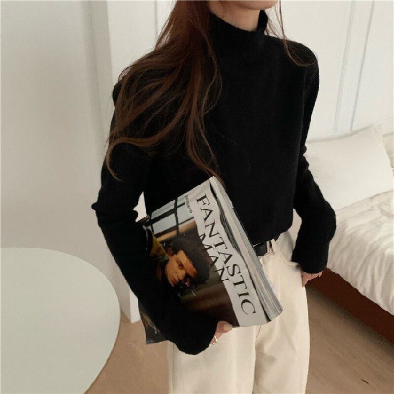 Cămașă cu guler înalt pentru femei, stil occidental de primăvară 2024, pulover cu mânecă lungă, culoare solidă, universală pentru studenți