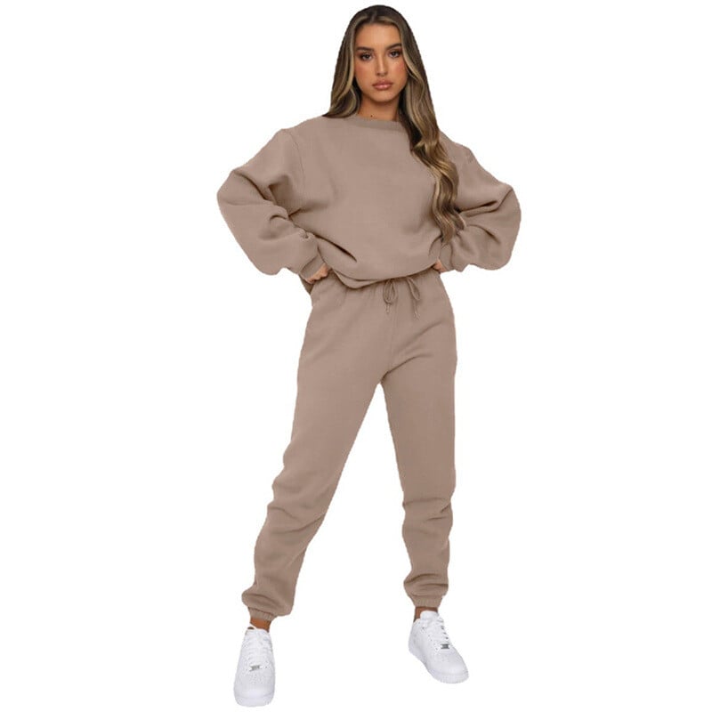 2024 cross-border European and American autumn and winter solid color sweater pants round neck women`s fashion casual long-sleeved sweatshirt