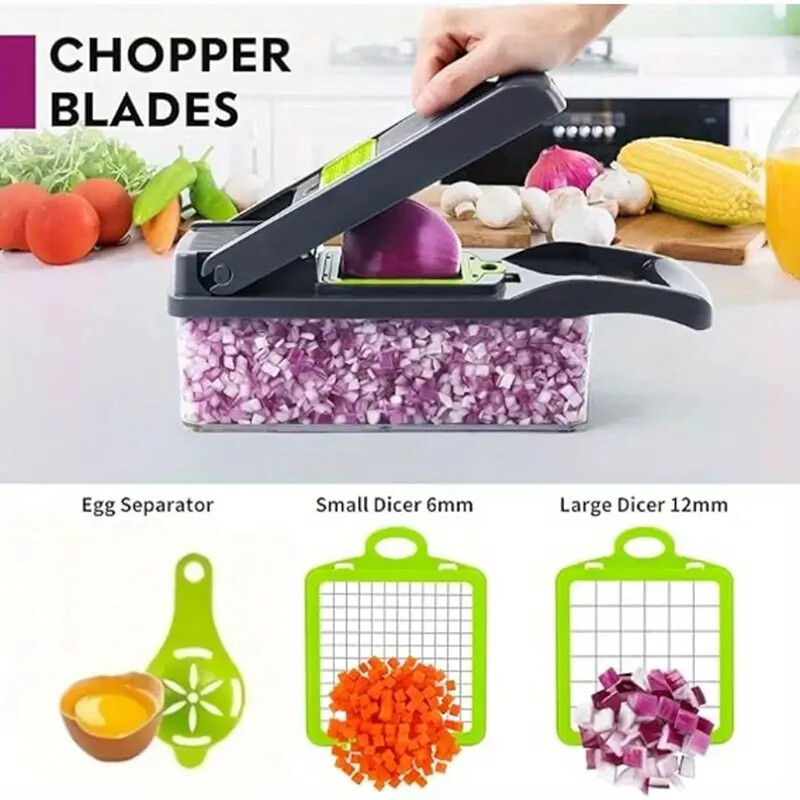 Chopper Vegetal Multifuncional, 8 Lâminas e Recipiente de Armazenamento, 14 em 1 Ferramenta de Cozinha para Cortar e Cortar salotos