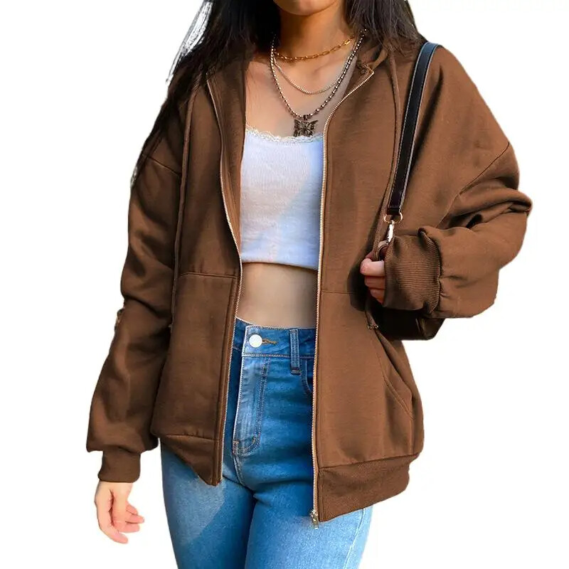 Őszi polár kapucnis pulóver egyszínű kapucnis koreai divat pulóverek hosszú ujjú felső húzózsinóros zsebek bő cipzáras fekete kapucnis pulóverek