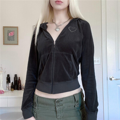 Y2K Aesthetic Vintage Slim Φούτερ Κέντημα με γραφικό σχέδιο Zip Up Hoodies 2000 Retro Grunge Mall Goth Jacket Φθινοπωρινό παλτό