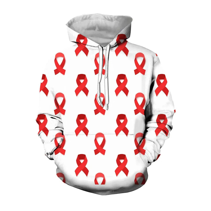 3D Sarkans Pasaules AIDS dienas logotips ar apdrukātu grafisku sporta krekli Ikdienas kapuces vīriešiem Apģērbi Ielu apģērbi Sieviešu ziemas kapuci Y2k Cp Topi