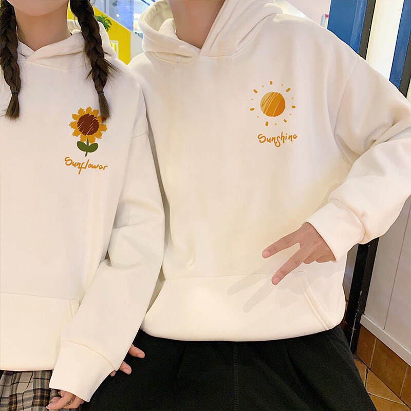 Napfény napraforgó grafikai nyomattal passzoló páros kapucnis kapucnis felső 600g pamut őszi téli plüss férfi női alkalmi pulóver