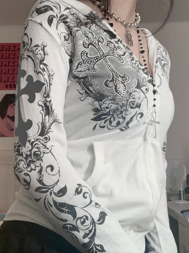 y2k Esztétikus női vintage, cipzáras, vágott kapucnis kapucnis, nagyméretű, húzózsinóros pulóver dzseki, alkalmi, tömör, hosszú ujjú kabát