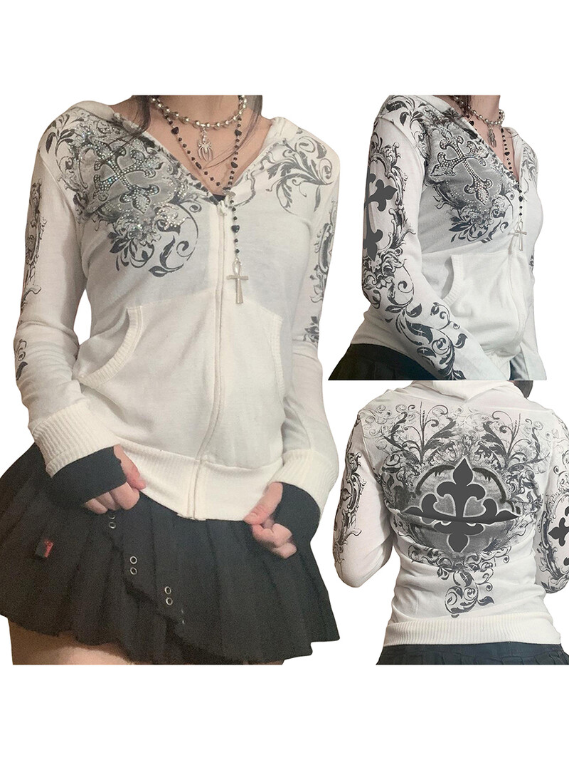 y2k Esztétikus női vintage, cipzáras, vágott kapucnis kapucnis, nagyméretű, húzózsinóros pulóver dzseki, alkalmi, tömör, hosszú ujjú kabát