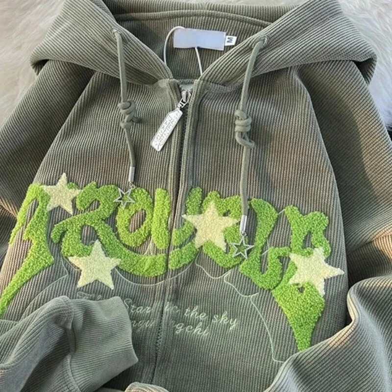 Moteriški Retro siuvinėjimo megztiniai Rudens žiemos megztiniai su užtrauktuku ilgomis rankovėmis laisvi striukės paltai Y2K kasdieniai megztiniai su gobtuvu