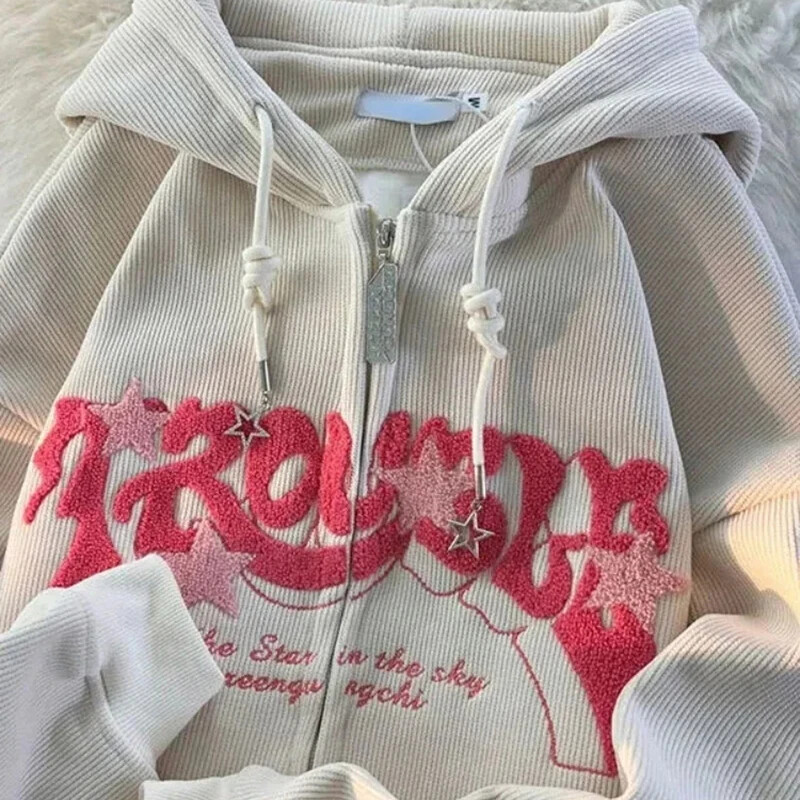 Moteriški Retro siuvinėjimo megztiniai Rudens žiemos megztiniai su užtrauktuku ilgomis rankovėmis laisvi striukės paltai Y2K kasdieniai megztiniai su gobtuvu