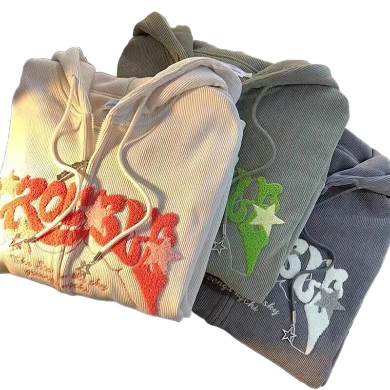 Moteriški Retro siuvinėjimo megztiniai Rudens žiemos megztiniai su užtrauktuku ilgomis rankovėmis laisvi striukės paltai Y2K kasdieniai megztiniai su gobtuvu