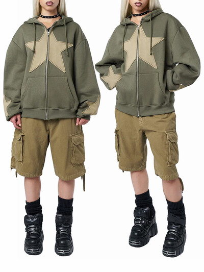 Y2K Vintage Star Print kapucnis kapucnis kapucnis kapucnis női Alkalmi bő, hosszú ujjú cipzáras pulóverek Őszi tavaszi kabát Street